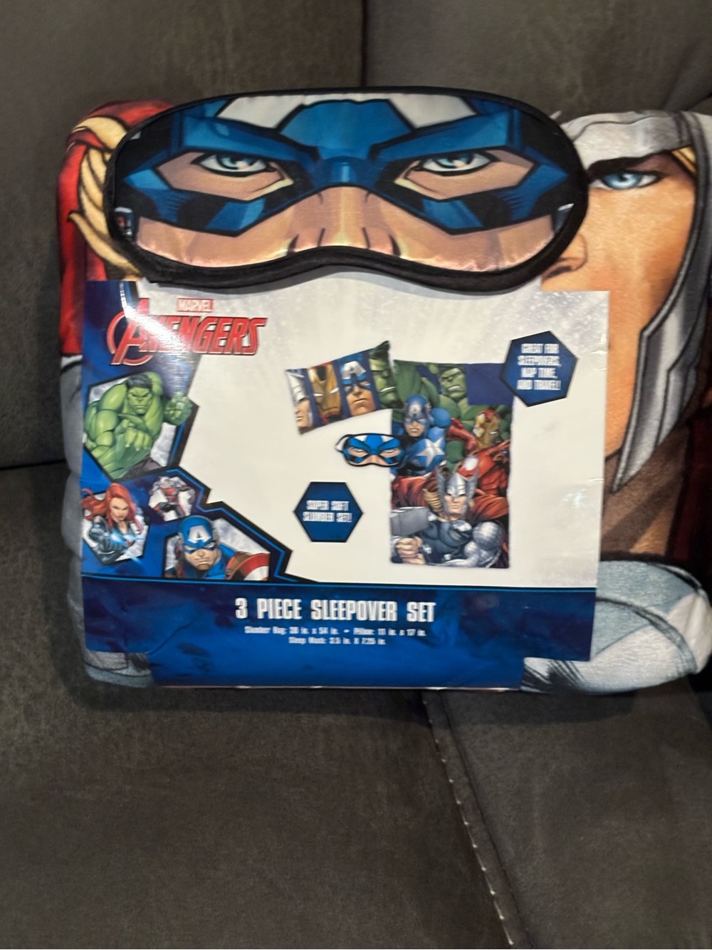 Avengers Kids Blue Sleepover Set with slumber bag, pillow and mask